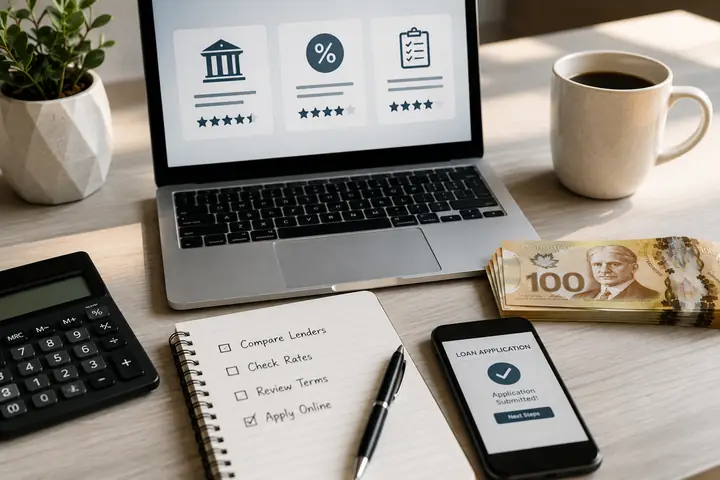 Desk with a laptop showing lender, rate and checklist cards, a notebook to-do list, a phone confirming a submitted loan application and $100 bills