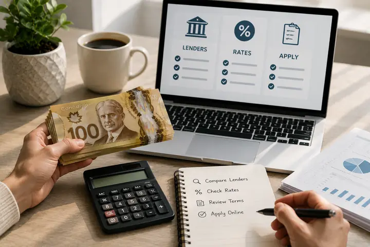 Hand holding Canadian $100 bills next to a laptop with Lenders, Rates and Apply columns while another hand ticks a notebook checklist