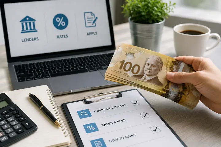 Hand holding Canadian $100 bills above a clipboard checklist for comparing lenders, rates and fees and how to apply, beside a calculator