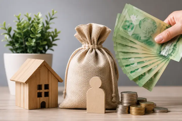 Hand fanning green Canadian $20 bills over a burlap money bag, stacks of coins, a wooden house and a wooden figure