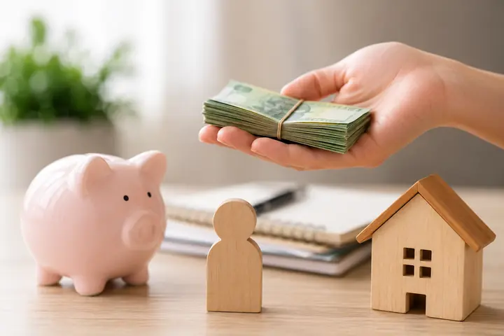 Hand offering a banded bundle of banknotes above a pink piggy bank, a wooden figure, a wooden house and a pile of notebooks