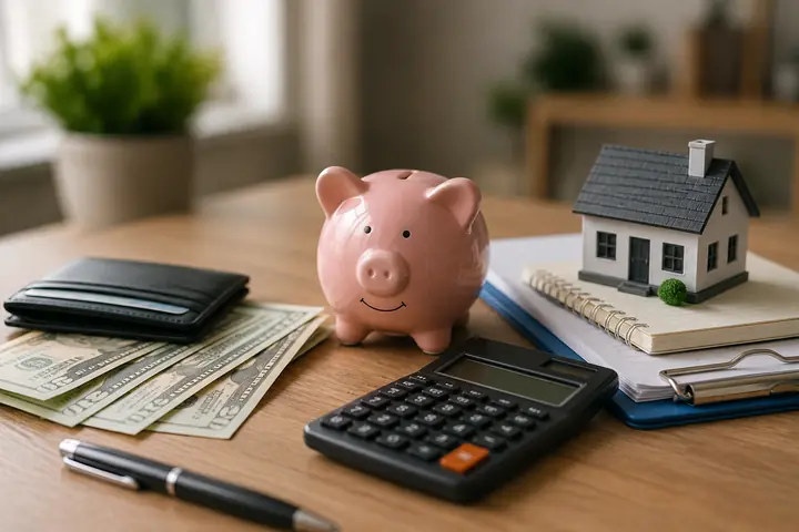 Pink piggy bank, a model house on a notebook, a wallet on spread banknotes, a calculator and a pen on a wooden desk